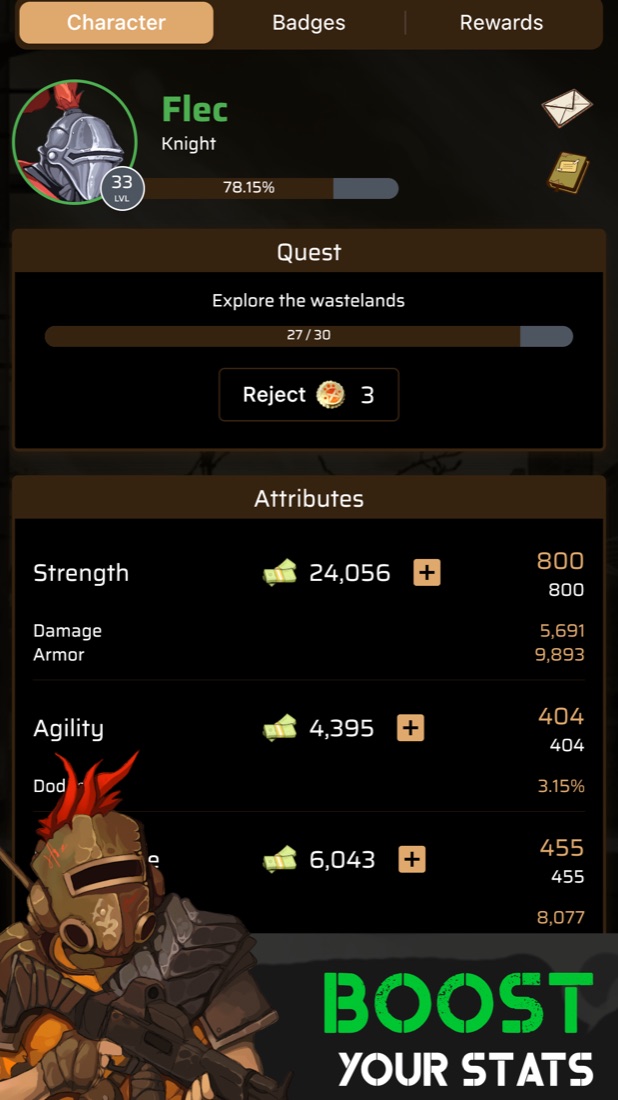 Lost Vault: Classic character screen with attributes and a quest