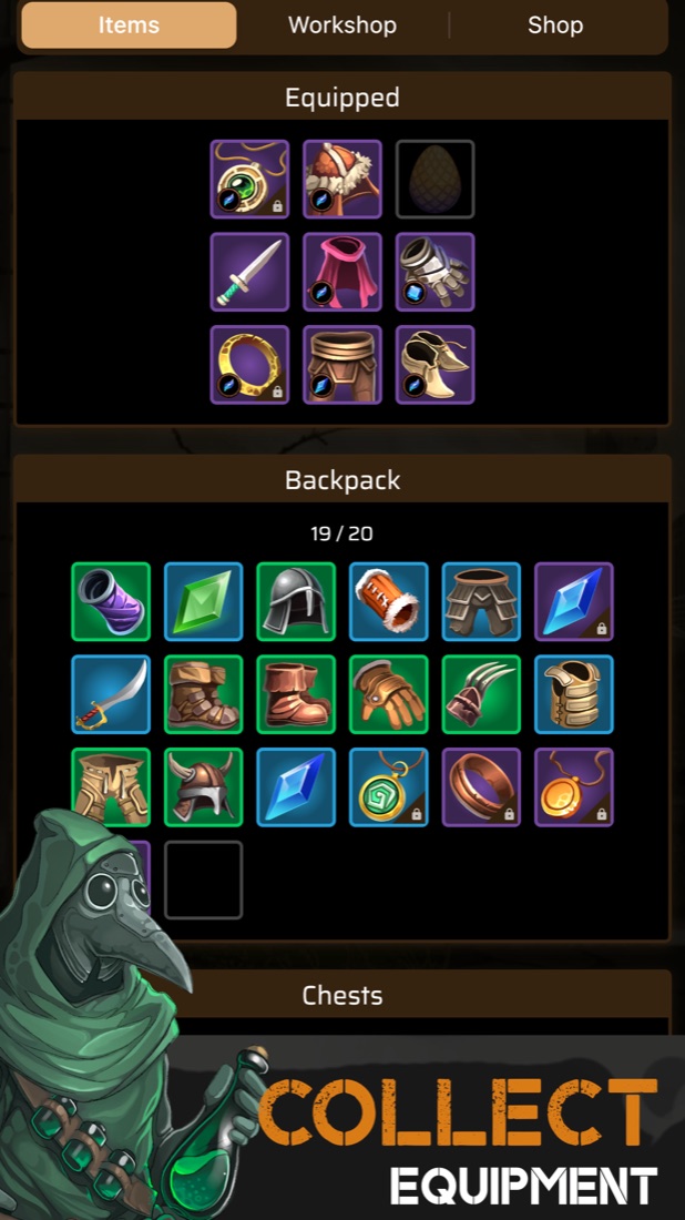 Lost Vault: Classic equipment and backpack screen